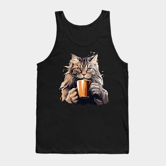 Maine Coon Cat Drinking Coffee Tank Top by Graceful Designs